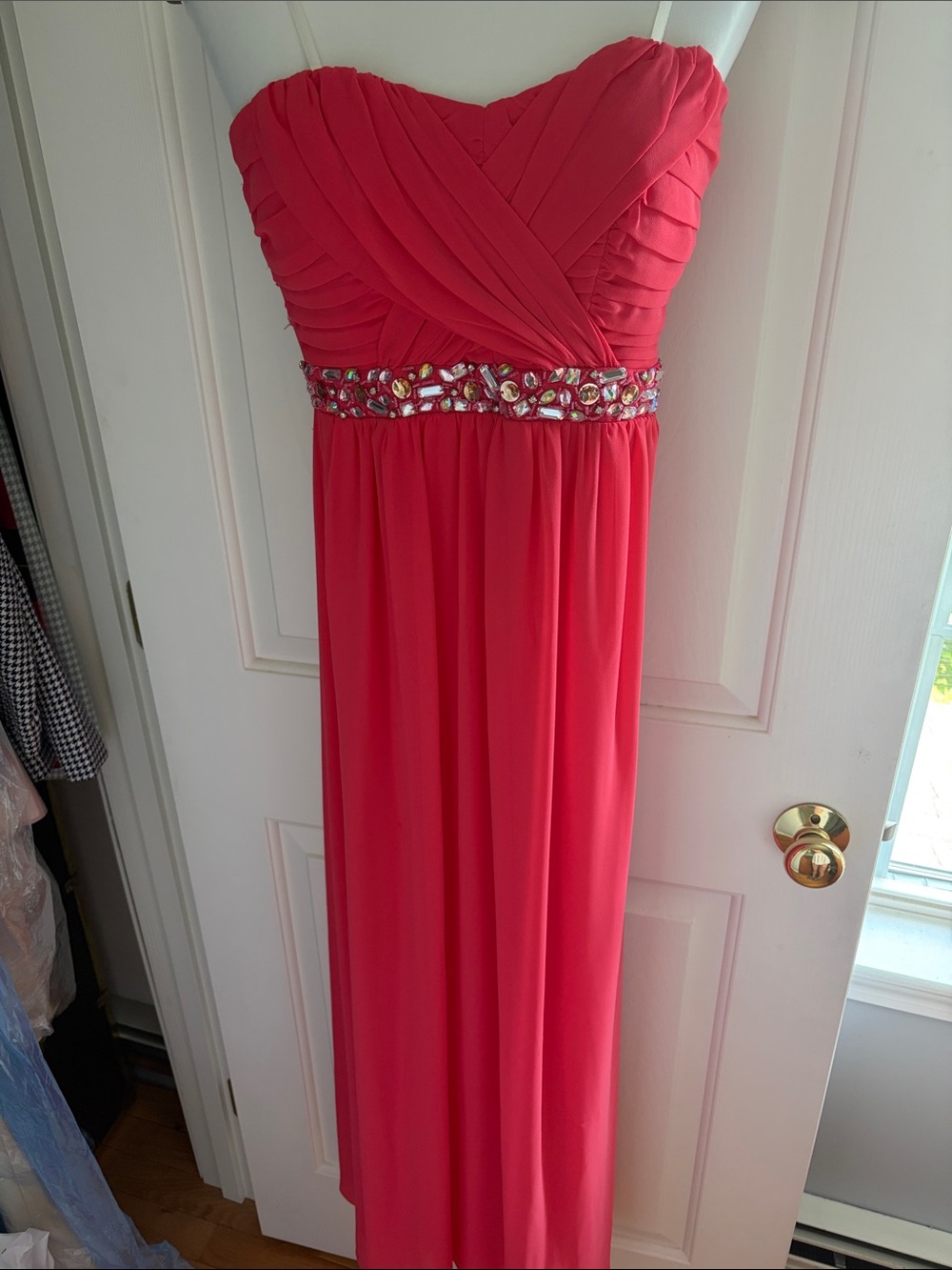 Strapless Coral Pink Beaded Waist Gown